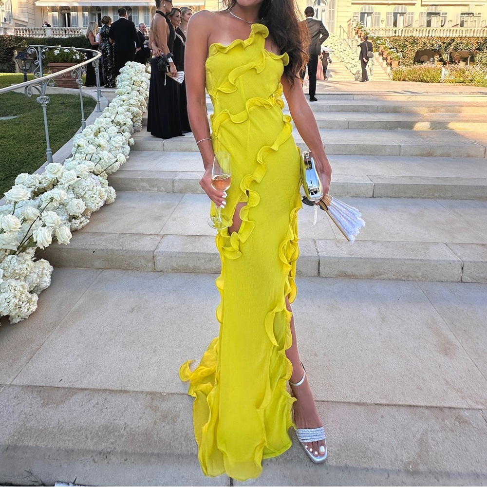 Cult Gaia Micola Ruffled Maxi Dress Gown Limoncello Chartreuse